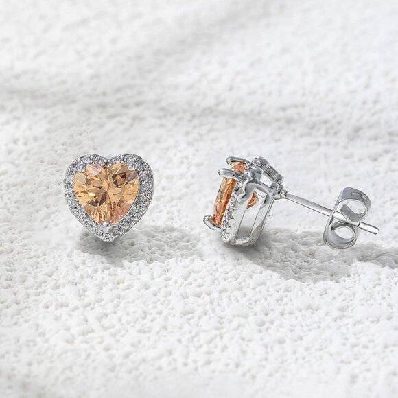 Women's Heart Tan Elegant Mall Dainty Halo Birthstone Cubic Zirconia Earring - Picture 6 of 6